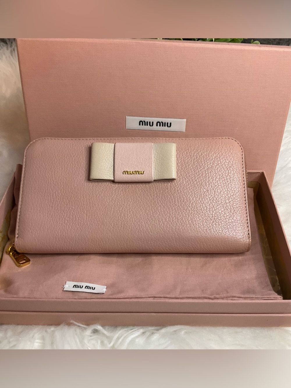 Miu Miu Pink Leather Zip-Around Wallet with Cream Bow